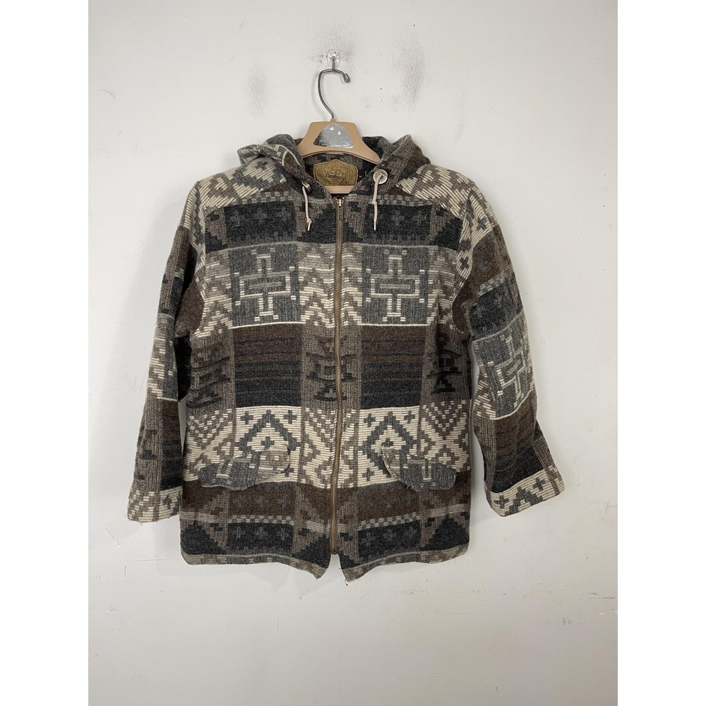 Vintage Woolrich Jacket Mens Medium Brown Gray Aztec Hooded Wool Lined USA 90s‎